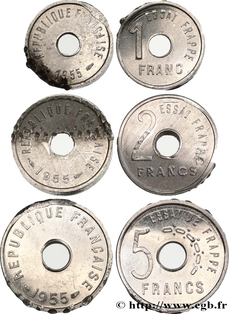 Lot des trois Essais de frappe de 5, 2 et 1 Francs 1955  GEM.148 3 EBC 