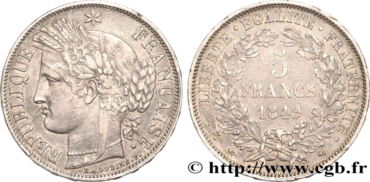 5 francs Cérès, IIe République, Main/Main 1849 Paris F.327/2 BB42 