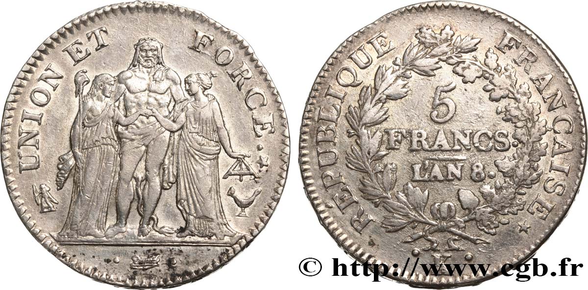 5 francs Union et Force, Union desserré, avec glands intérieurs et gland extérieur 1800 Bordeaux F.291/32 BB48 