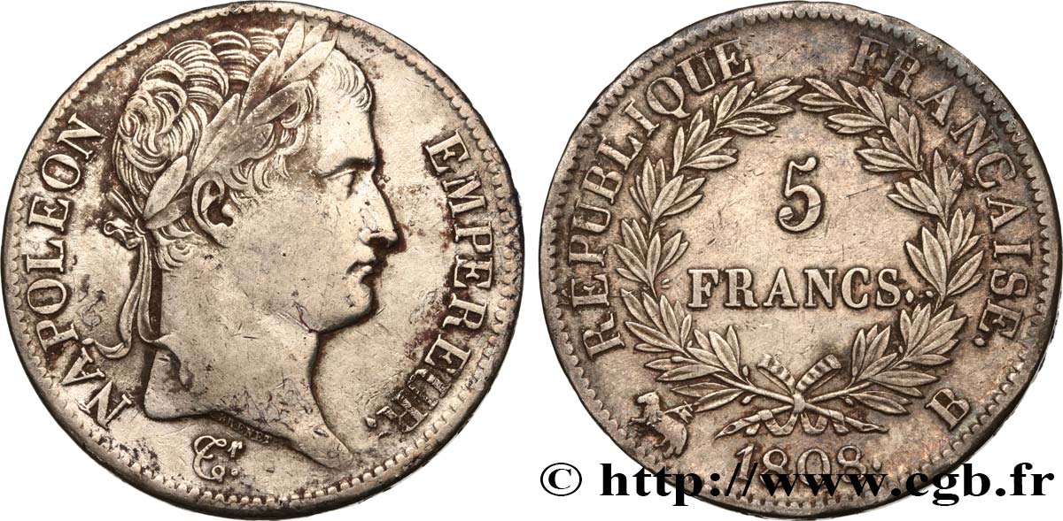 5 francs Napoléon empereur, République française 1808 Rouen F.306/3 TB+ 