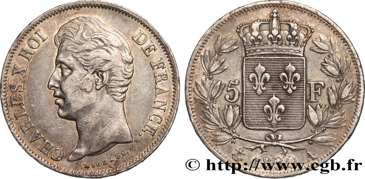 5 francs Charles X 2e type, tranche en relief 1830 Paris F.312/1 VF38 