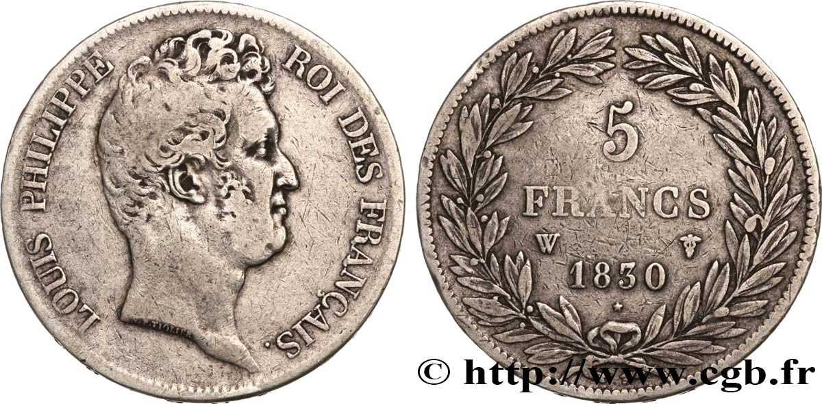 5 francs type Tiolier sans le I, tranche en creux 1830 Lille F.313/4 BC30 