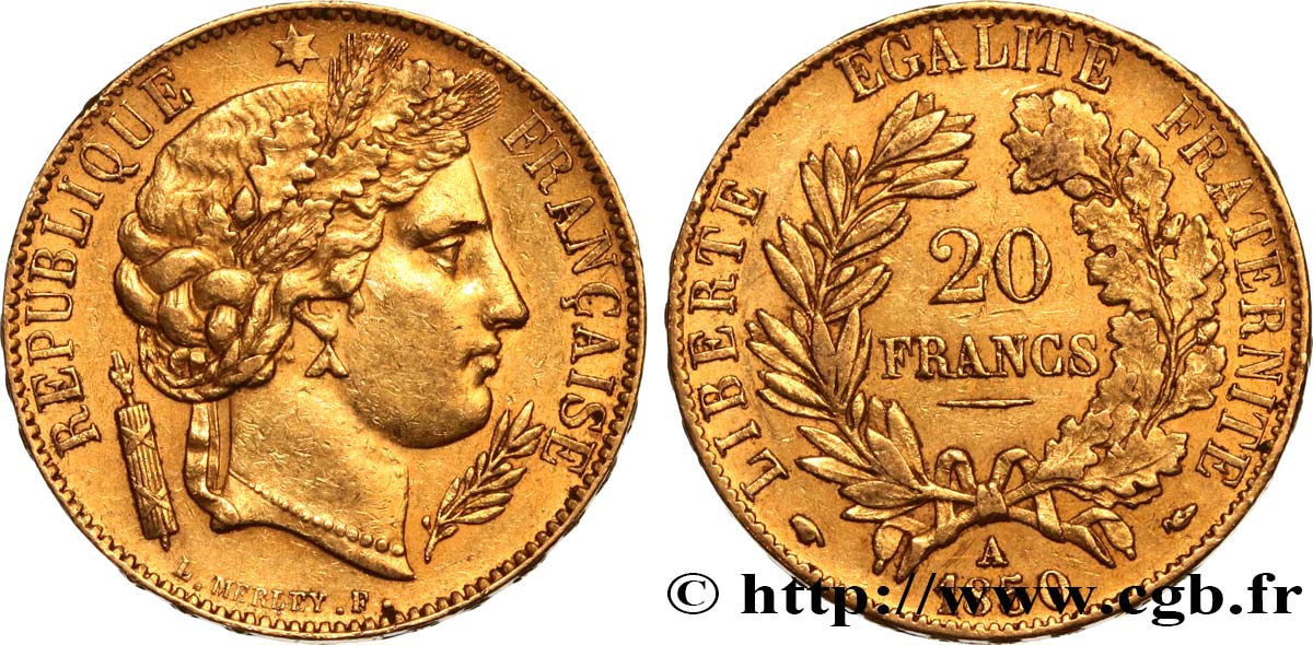 20 francs or Cérès 1850 Paris F.529/3 AU50 