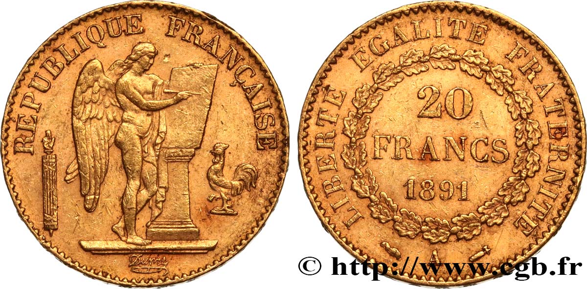 20 francs or Génie, IIIe République 1891 Paris F.533/15 MBC50 