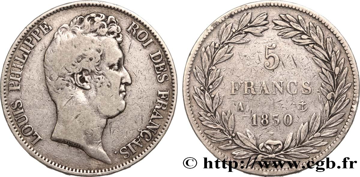 5 francs type Tiolier sans le I, tranche en relief 1830  Paris F.314/1 S20 