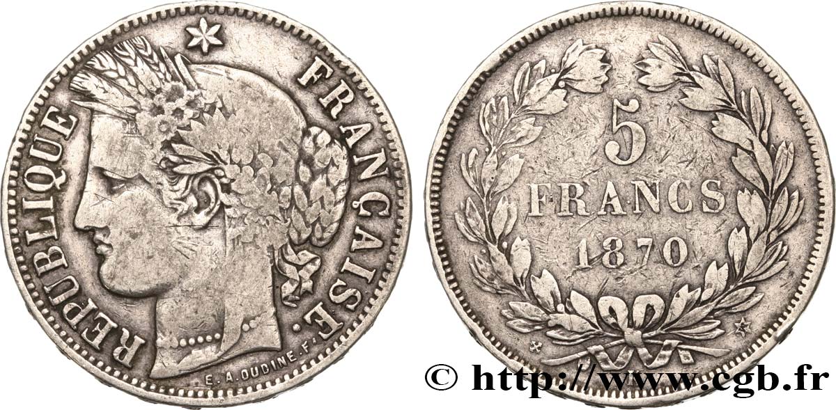 5 francs Cérès, sans légende 1870 Bordeaux F.332/3 S25 