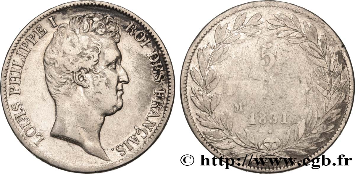 5 francs type Tiolier avec le I, tranche en creux 1831 Toulouse F.315/22 S 