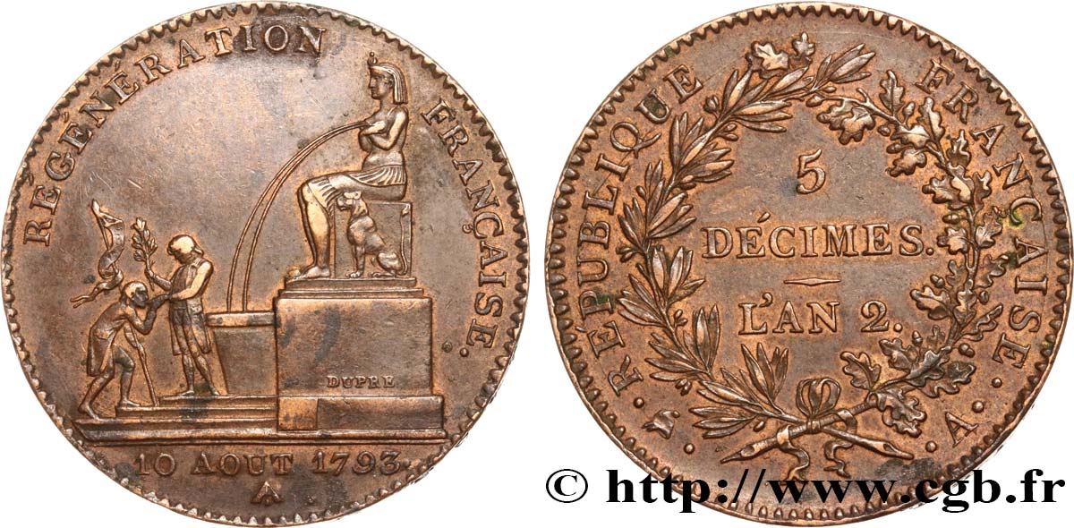 5 décimes, Régénération française 1793 Paris F.172A/1 AU50 