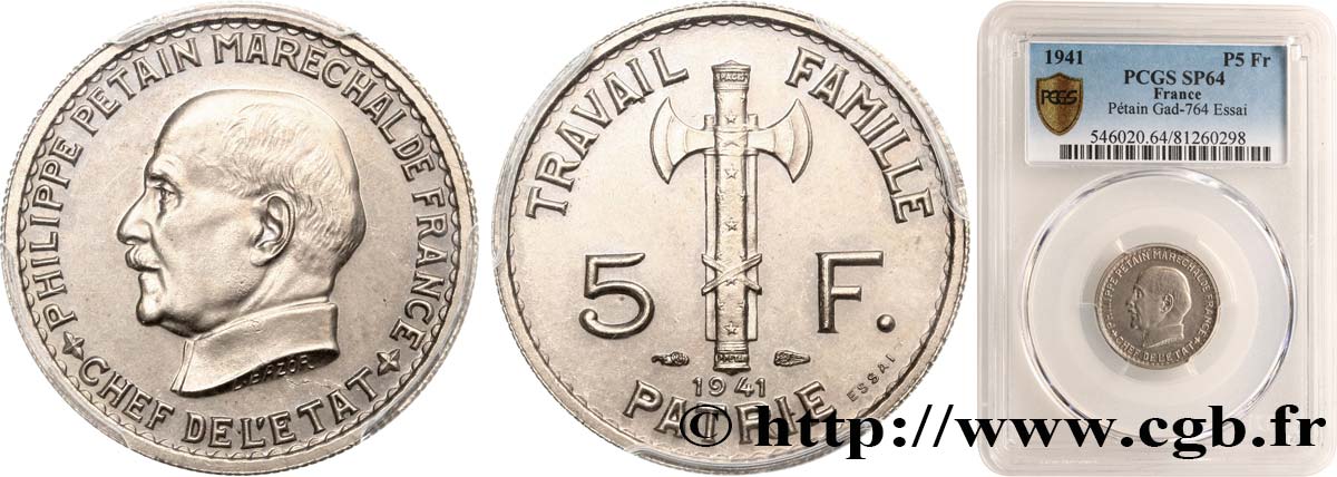 Essai de 5 francs Pétain 1941 Paris F.338/1 fST64 PCGS