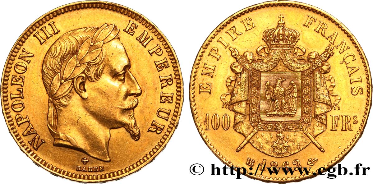 100 francs or Napoléon III, tête laurée 1862 Strasbourg F.551/2 AU52 