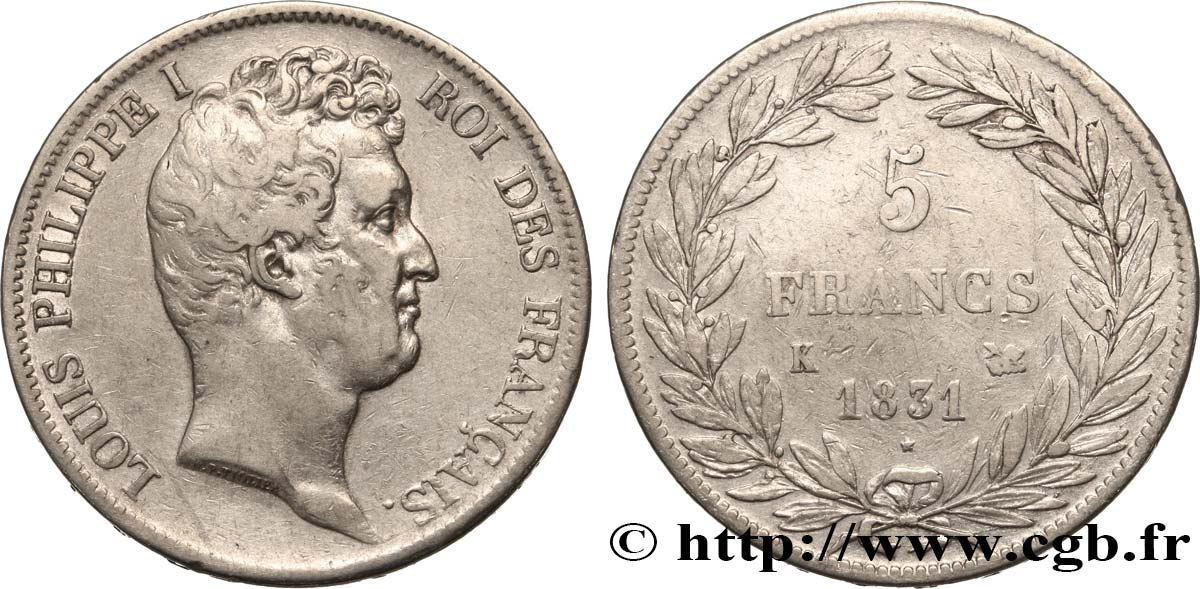 5 francs type Tiolier avec le I, tranche en creux 1831 Bordeaux F.315/20 BC+ 
