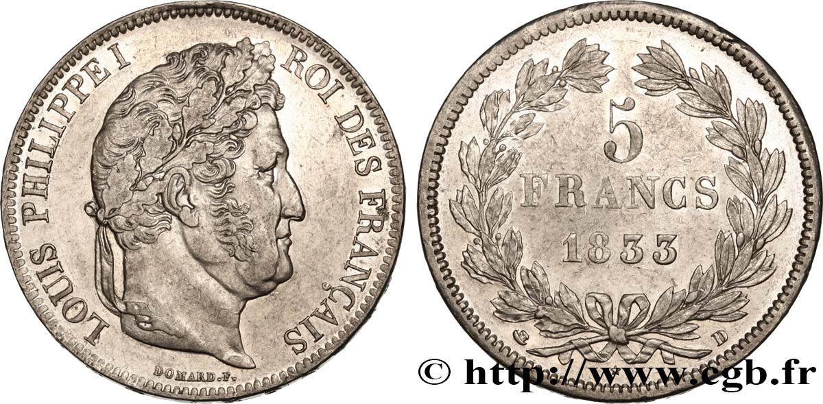 5 francs IIe type Domard 1833 Lyon F.324/17 q.SPL 