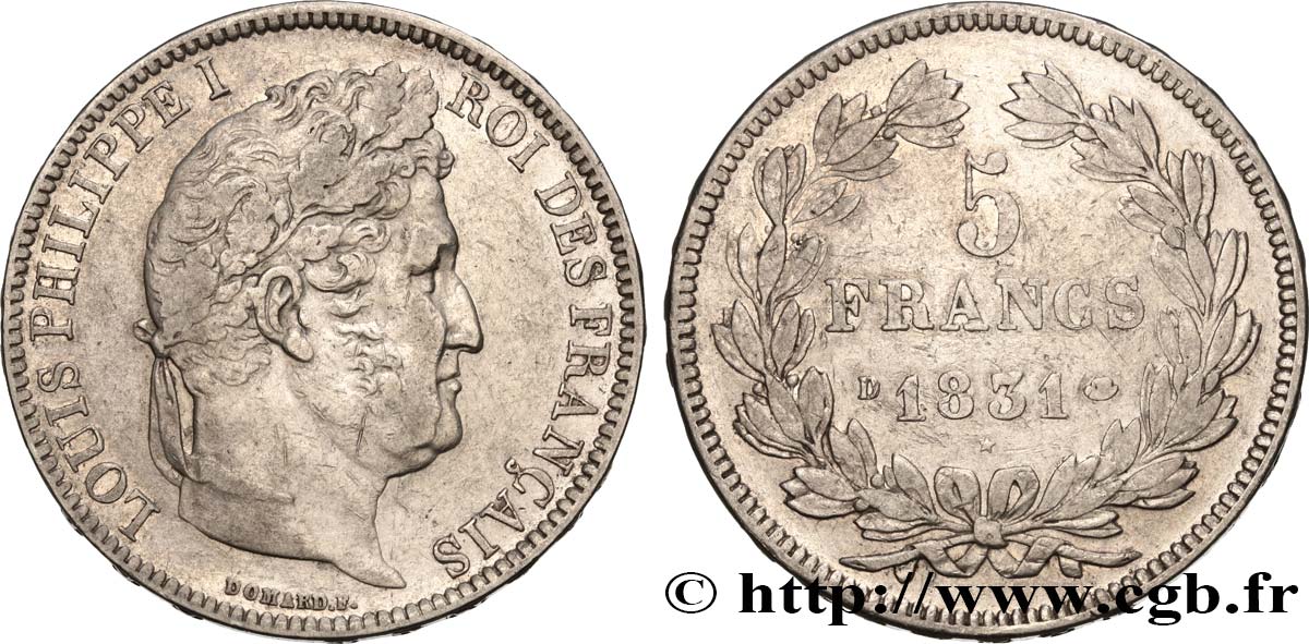 5 francs, Ier type Domard, tranche en relief 1831 Lyon F.320/4 VF 