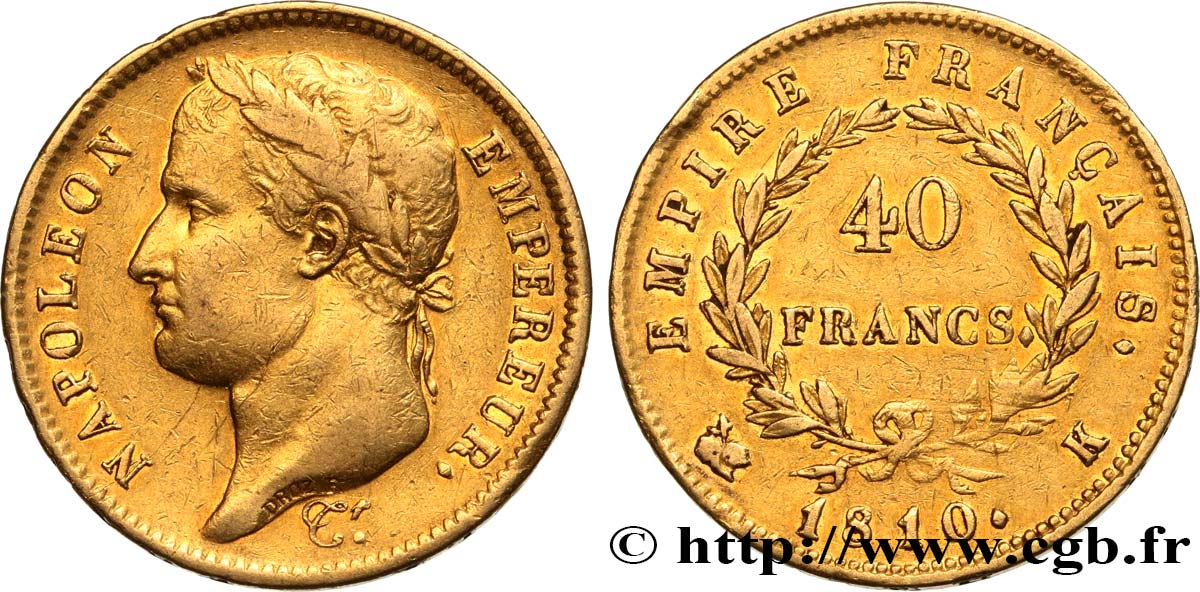 40 francs or Napoléon tête laurée, Empire français 1810 Bordeaux F.541/4 VF 