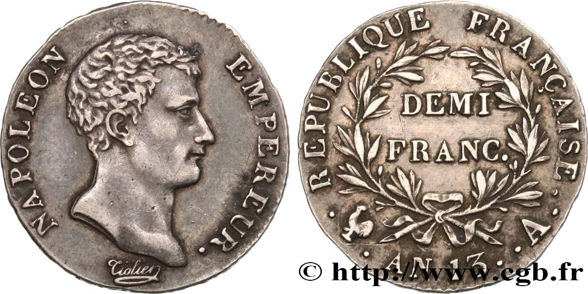 Demi-franc Napoléon Empereur, Calendrier révolutionnaire 1805 Paris F.174/10 AU52 