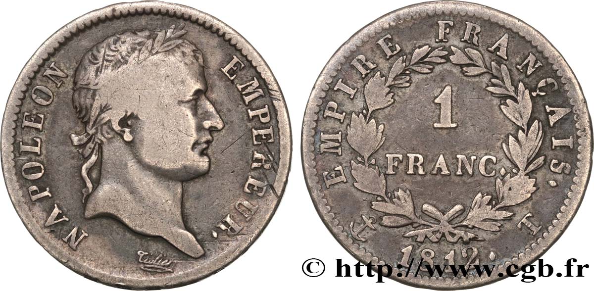 1 franc Napoléon Ier tête laurée, Empire français 1812 Nantes F.205/54 VF35 