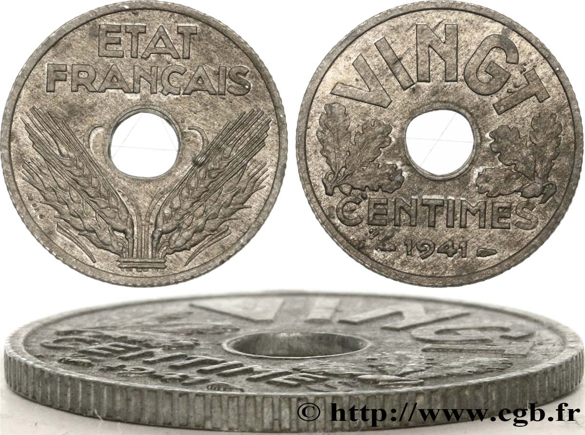 VINGT centimes État français, cannelures larges 1941  F.152/3 SPL60 