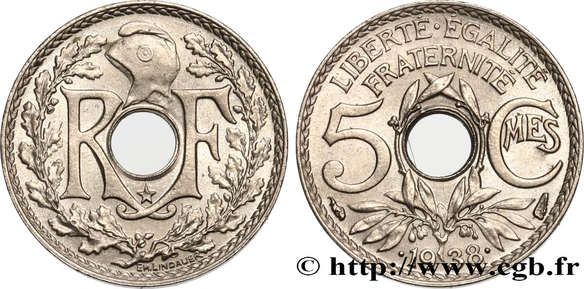 5 centimes Lindauer, maillechort 1938 Paris F.123/1 SUP62 