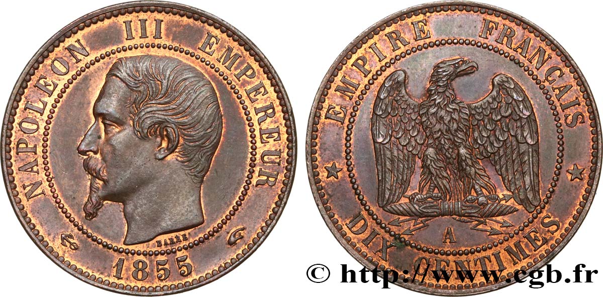 Dix centimes Napoléon III, tête nue 1855 Paris F.133/20 fST 