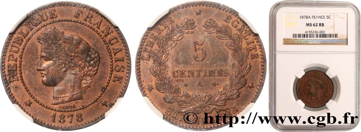 5 centimes Cérès 1878 Paris F.118/17 SPL62 NGC