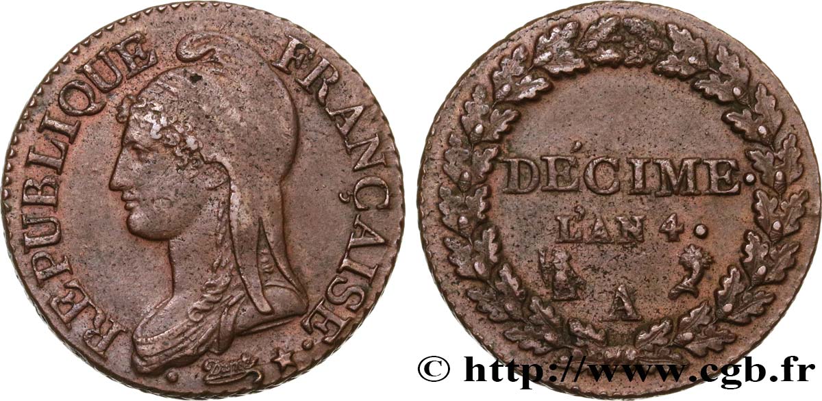 Décime Dupré, petit module 1796 Paris F.126/1 TTB53 