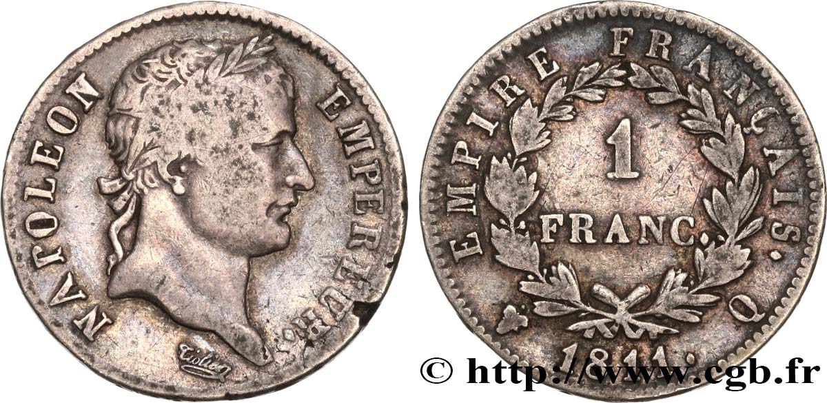 1 franc Napoléon Ier tête laurée, Empire français 1811 Perpignan F.205/38 TB25 