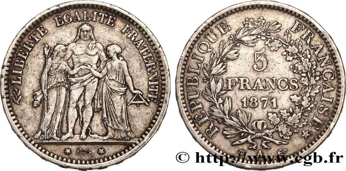 5 francs Hercule, dite “Camélinat” 1871 Paris F.334/3 TB35 