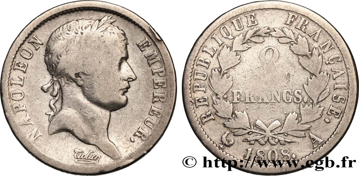 2 francs Napoléon Ier tête laurée, République française 1808 Paris F.254/4 VG 