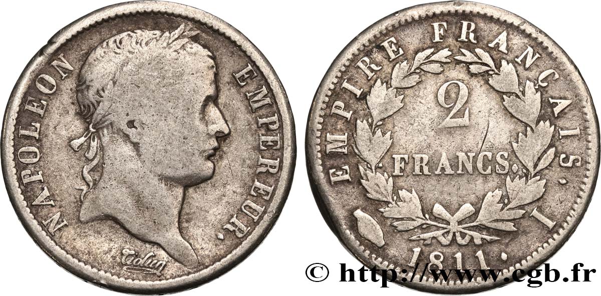 2 francs Napoléon Ier tête laurée, Empire français 1811 Limoges F.255/29 B 
