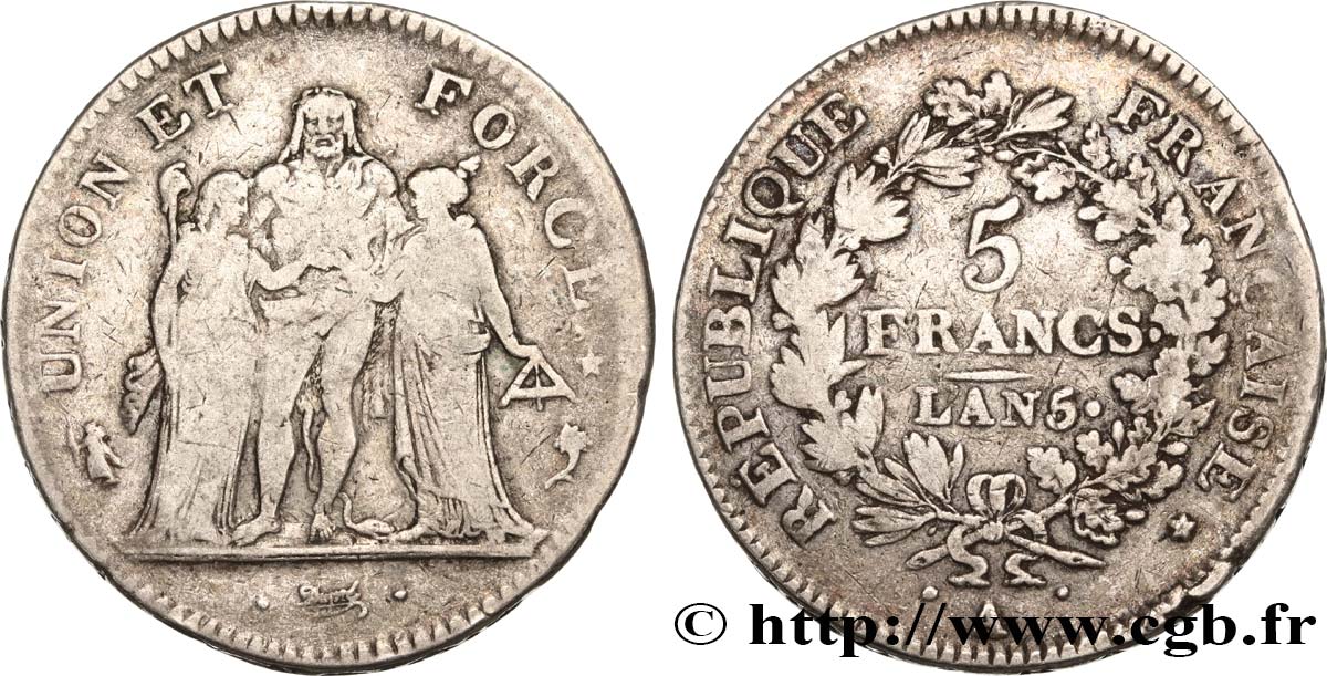 5 francs Union et Force, Union desserré, avec glands intérieurs et gland extérieur 1797 Paris F.291/9 BC30 