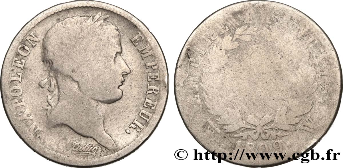 2 francs Napoléon Ier tête laurée, Empire français 1809 Lille F.255/9 G 