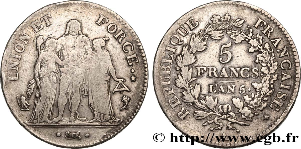 5 francs Union et Force, Union serré, seulement gland extérieur 1797 Paris F.288/11 S25 