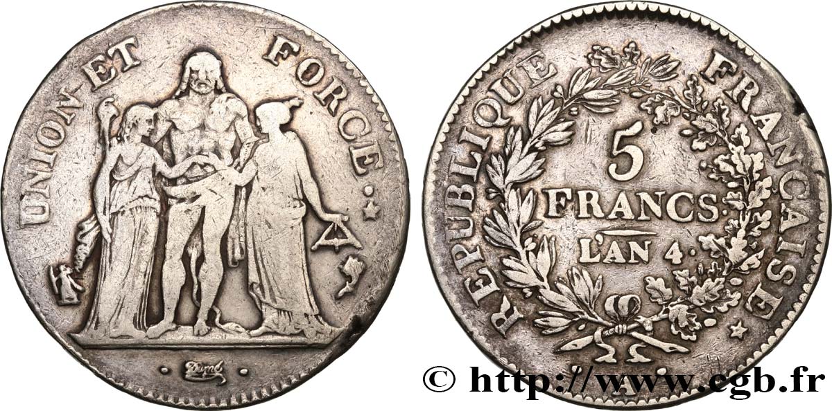 5 francs Union et Force, Union serré, avec glands intérieurs et gland extérieur 1796 Paris F.288/1 TB25 