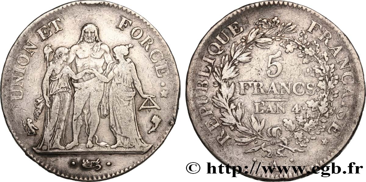 5 francs Union et Force, Union serré, avec glands intérieurs et gland extérieur 1796 Paris F.288/1 TB30 