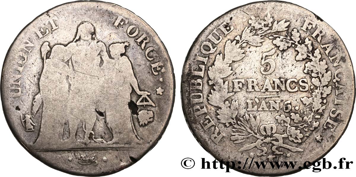 5 francs Union et Force, Union serré, seulement gland extérieur 1798 Bayonne F.288/70 B12 