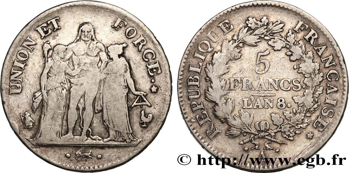 5 francs Union et Force, Union serré, avec glands intérieurs et gland extérieur 1800 Paris F.288/43 MB 