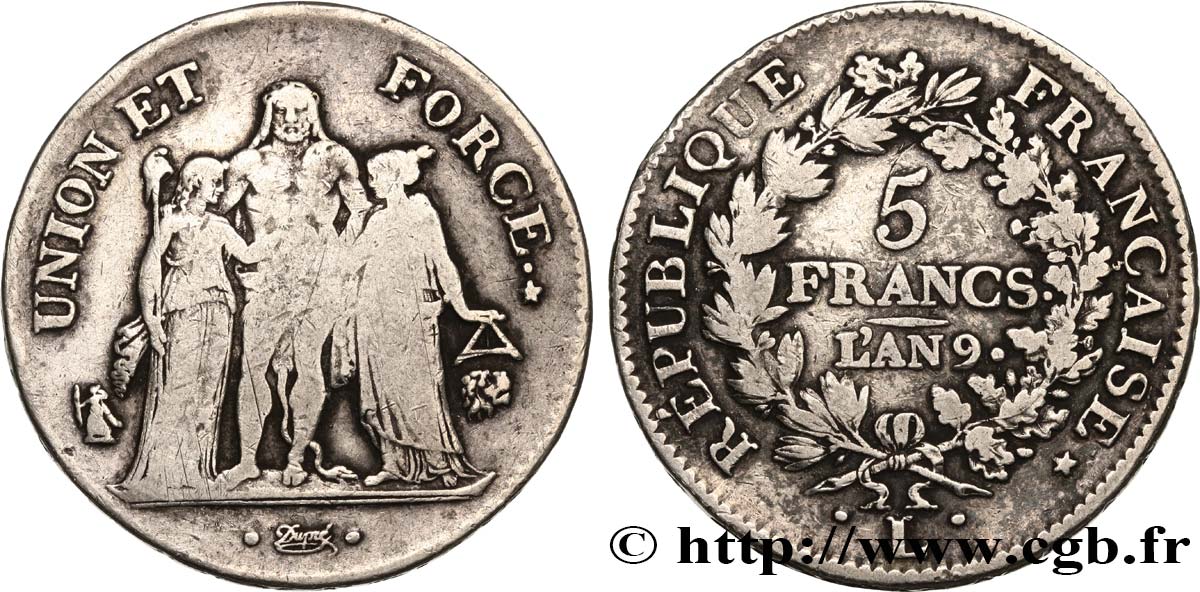 5 francs Union et Force, Union serré, avec glands intérieurs et gland extérieur 1801 Bayonne F.288/161 VF25 