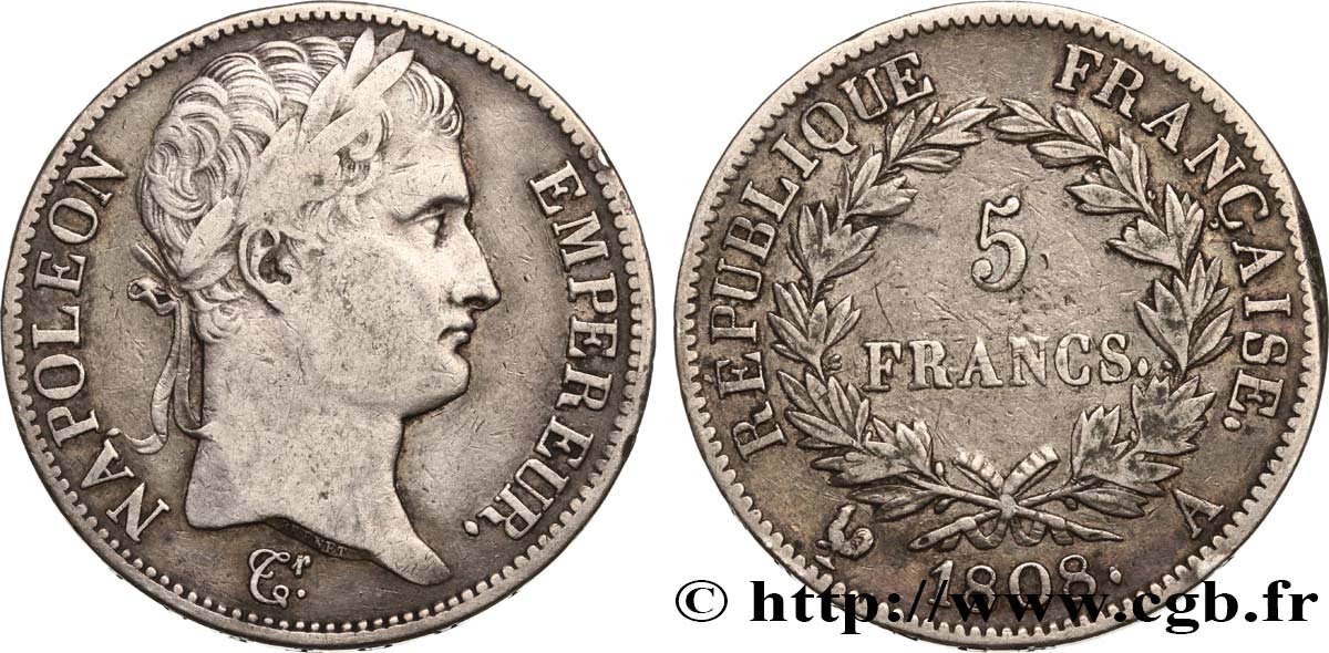 5 francs Napoléon Empereur, République française 1808 Paris F.306/2 BC35 