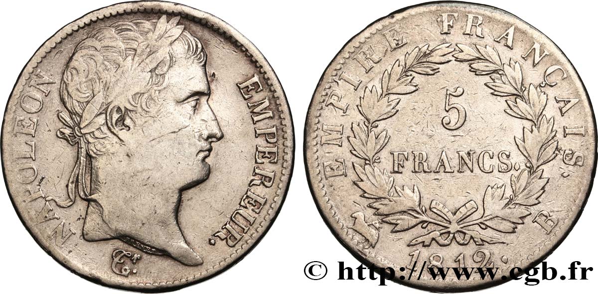 5 francs Napoléon Empereur, Empire français 1812 Rouen F.307/42 TB 