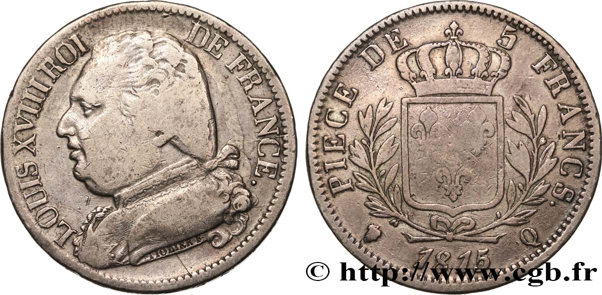 5 francs Louis XVIII, buste habillé 1815 Perpignan F.308/29 MB25 