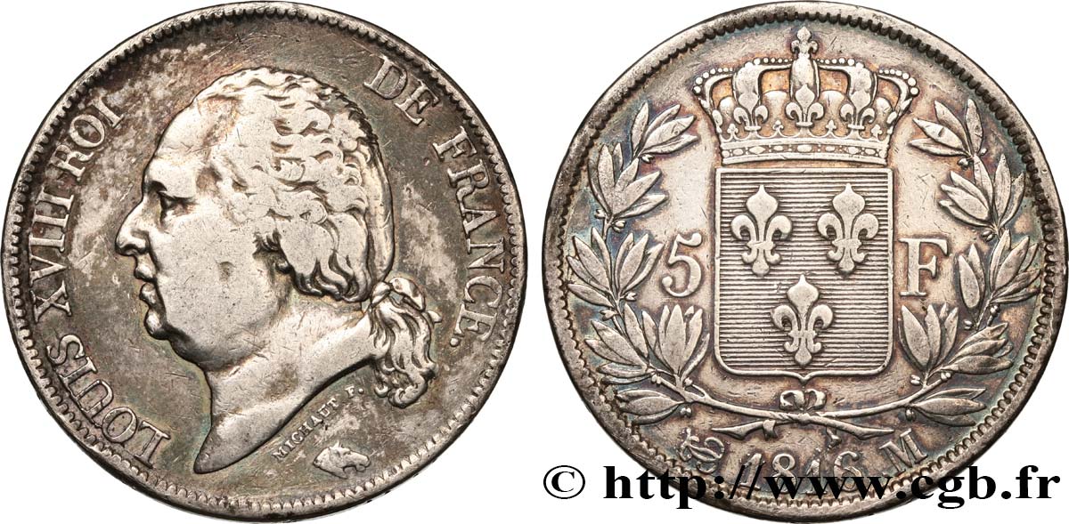 5 francs Louis XVIII, tête nue 1816 Toulouse F.309/9 MB30 
