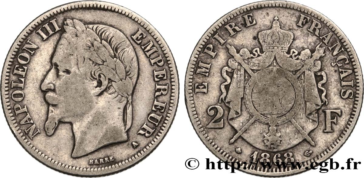 2 francs Napoléon III, tête laurée 1868 Paris F.263/8 F 
