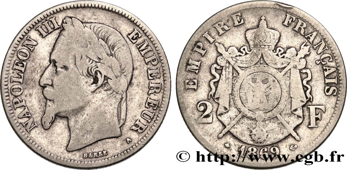 2 francs Napoléon III, tête laurée 1869 Paris F.263/10 RC+ 