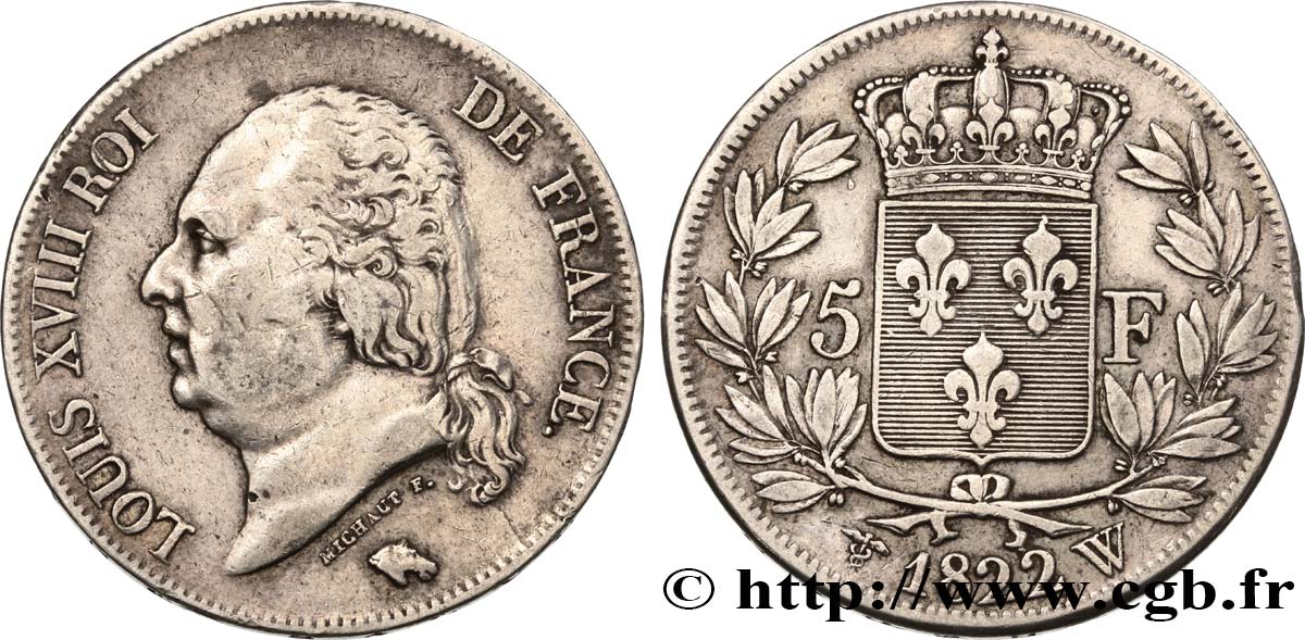 5 francs Louis XVIII, tête nue 1822 Lille F.309/75 TTB40 