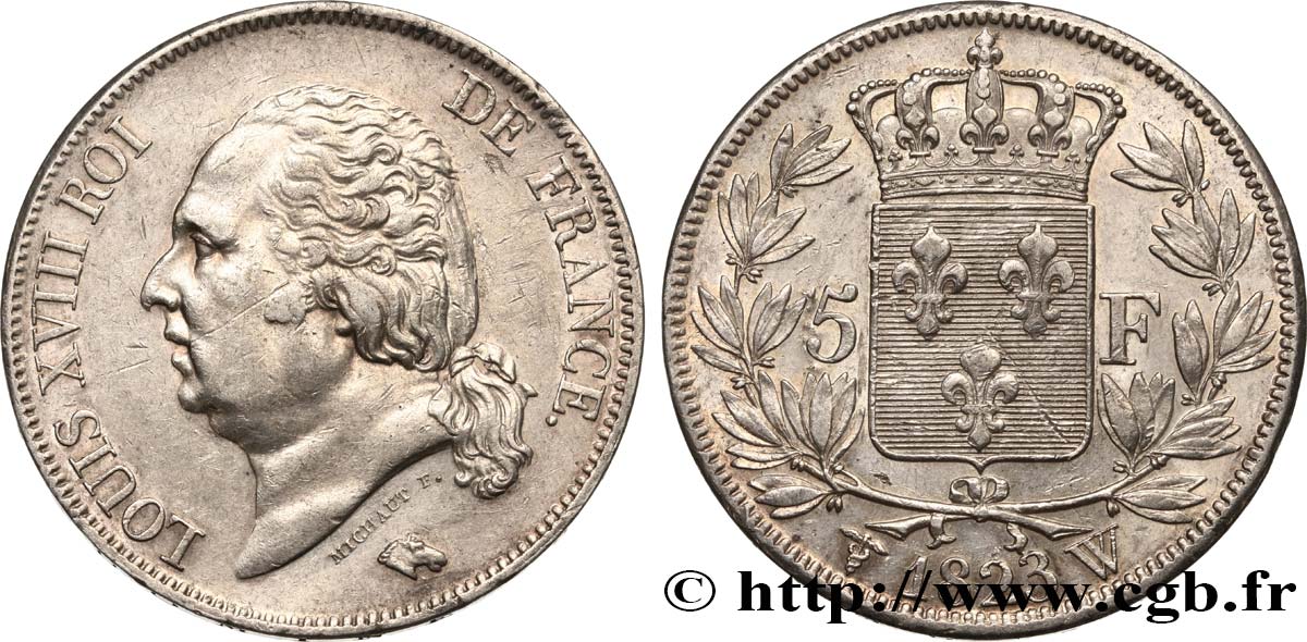 5 francs Louis XVIII, tête nue 1823 Lille F.309/87 MBC53 