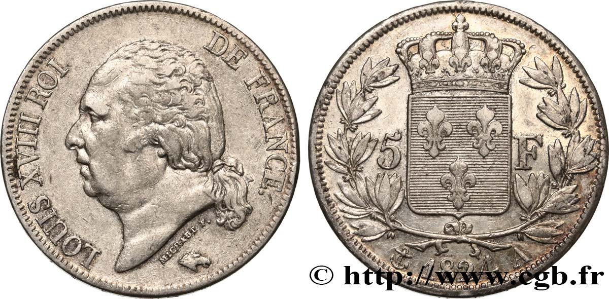 5 francs Louis XVIII, tête nue 1824 Paris F.309/88 XF48 