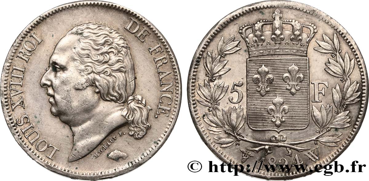 5 francs Louis XVIII, tête nue 1824 Lille F.309/98 AU 