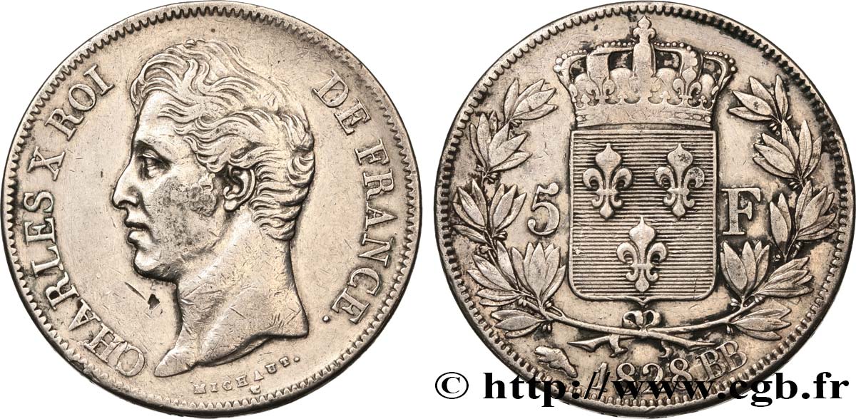 5 francs Charles X, 2e type 1828 Strasbourg F.311/16 S 