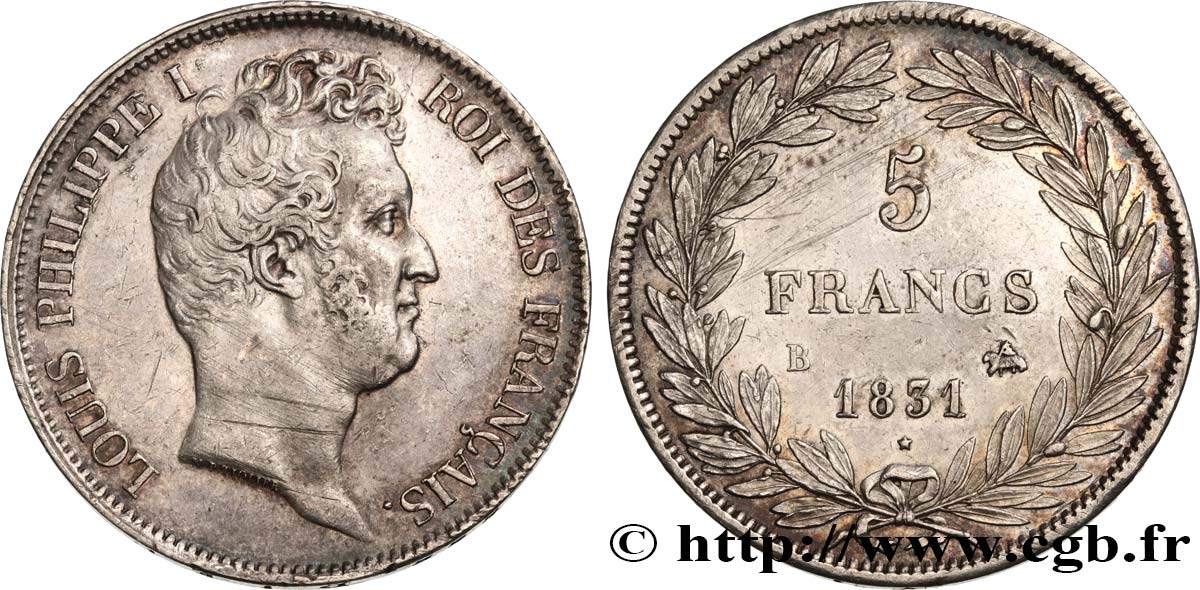 5 francs type Tiolier avec le I, tranche en creux 1831 Rouen F.315/15 MBC+ 