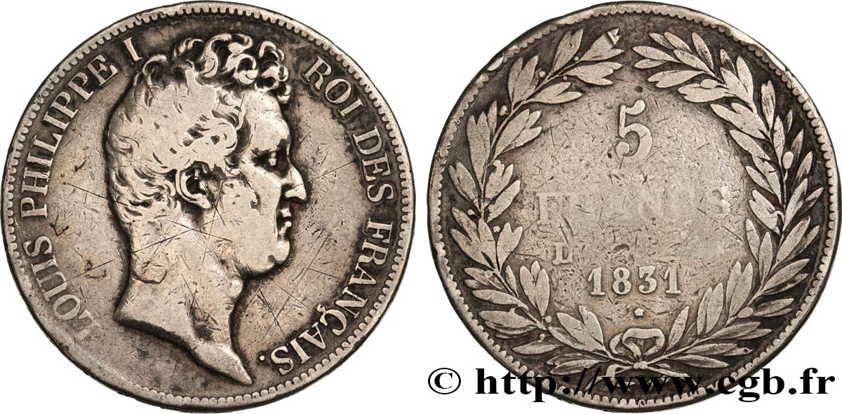 5 francs type Tiolier avec le I, tranche en creux 1831 Bayonne F.315/21 TB 